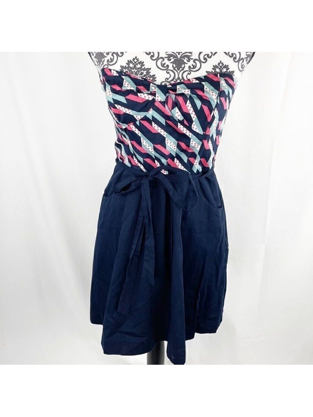 Anthropologie Maeve Signal Flag Strapless Dress Navy‎ Pink Size 4 NWT
